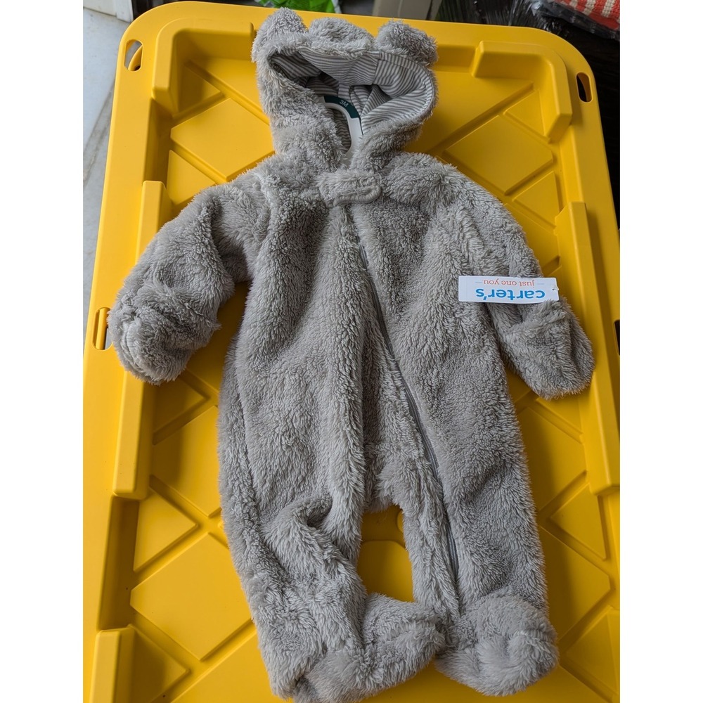 Just One You by Carters Baby Sherpa Pram Suit Grey Bear Ear Hooded Bunting 3M